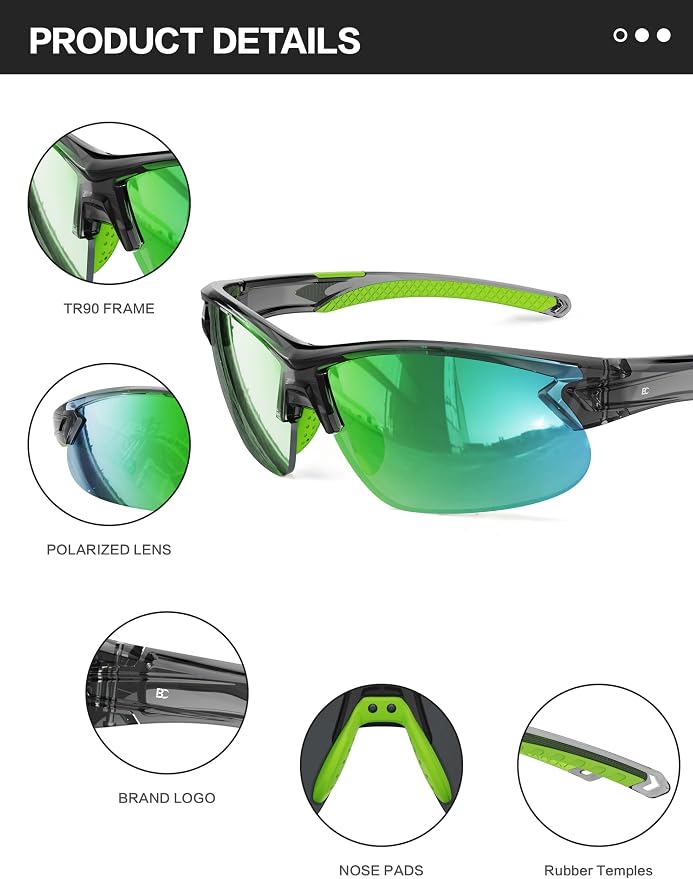 BIRCEN Mens Polarized Sunglasses for Sports: TR90 Lightweight Sun Glasses Wrap Around Shades for Fishing Driving Cycling