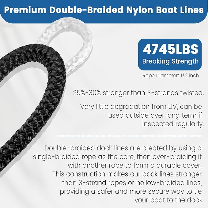 Premium Marine-Grade Dock Lines - 2 Pack 3/8" x 20' Strength-Tested Double Braided Nylon Boat Ropes with 12" Security Loops | Heavy-Duty Docking & Mooring Rope