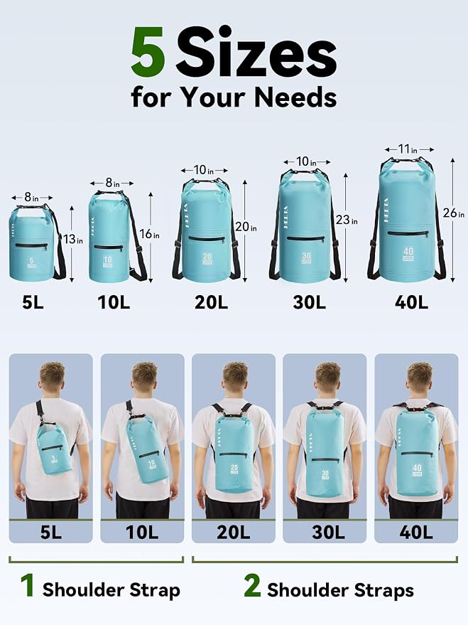 HEETA Waterproof Dry Bag with Front Zippered Pocket for Women Men, 5L/10L/20L/30L/40L Roll Top Lightweight Dry Storage Bag Backpack for Travel, Kayaking, Boating, Rafting, Camping, Hiking & Beach