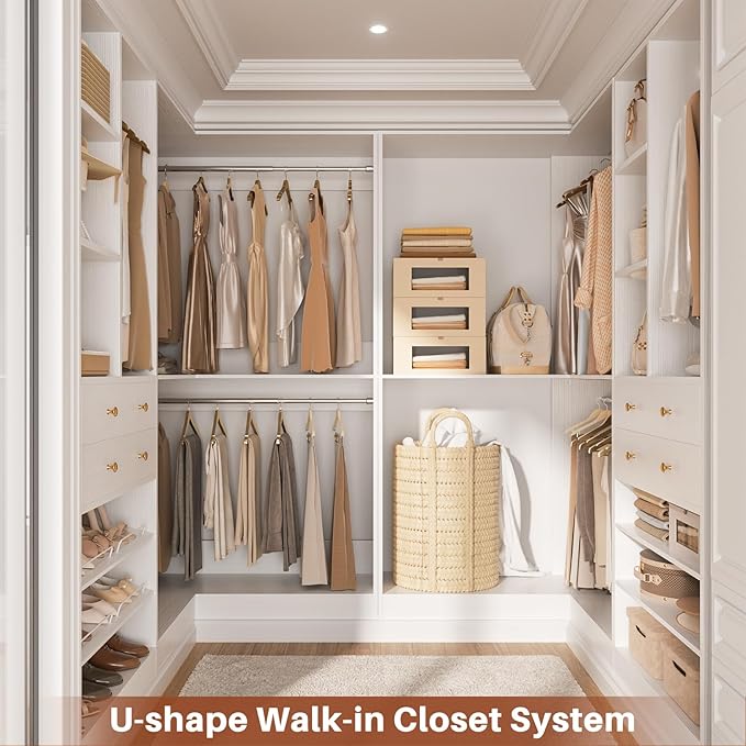 Closet System with 4 Drawers & Corner Tower, Closet Organizer System with 4 Hanging Robs, Reversible U Shaped Walk-in Closet System, Load 2600+LBS Capacity, Set of 4, White