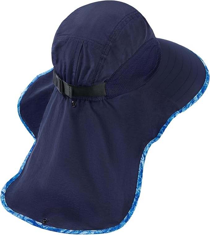 BASSDASH UPF 50+ Unisex Water Resistant Wide Brim Sun Hat with Large Neck Flap Ponytail Fishing Hat for Men Women