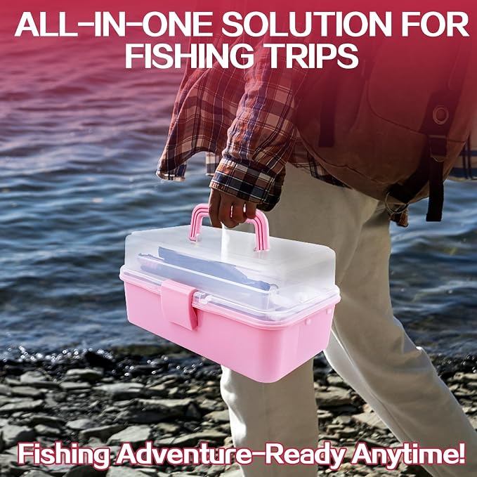 3-Layer Pink Fishing Tackle Box with Tackle Included, Fishing Tools Kit Includes Pliers Fish Lip Gripper Scale Crankbait Spinnerbaits Soft Baits Hooks, Ideal Gift for Angler Saltwater Freshwater