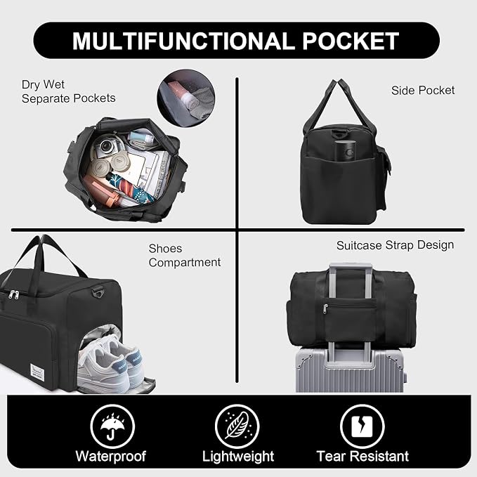 Suruid Gym Bag for Women Men, Travel Duffle Bag Large Capacity Carry On Weekender Bag With Shoe Compartment Gym Tote Dry Wet Separation Duffel Bag with Makeup Bag, Black