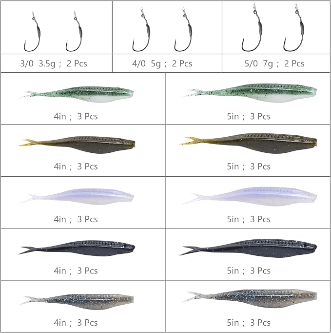 Fishing Bait Soft Plastic Lures 30/50 Pcs, Weighted Hooks 10 Pack & 40-Piece Set, 4in/5in Salty Split Tail Jerk Shad, 3/0 4/0 5/0 Weedless Swimbait Hook for Bass Fishing