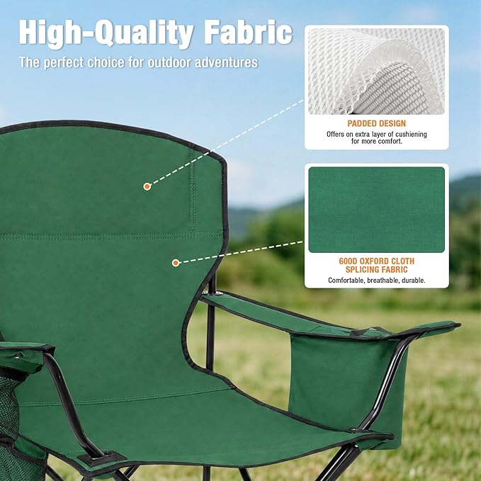Camping Chairs for Adults 400LBS Capacity, 2 Pack Heavy Duty Folding Chair with 4-Can Cooler Bag, Portable Outdoor Chair with Cup Holder, Collapsible for Tailgating, Beach, Fishing, Green