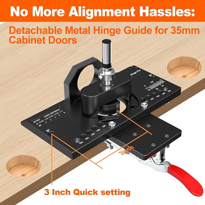 M-T Concealed Hinge Jig with Quick Clamp and Dust Vacuum Adapter 35mm Cabinet Door Hinges Jig Hole Drilling Hardware Jigs for Woodworking Door Cabinet Mounting Tool