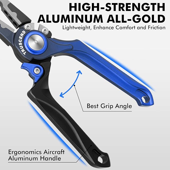 TRUSCEND Easy Use Lockable Fishing Pliers with Tungsten Carbide Cutter, Innovative Ergonomic Handy Handle, Saltwater Corrosion Resistant Teflon Coated Fishing Tool, Light Multi-Function Fishing Gear