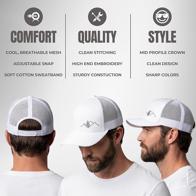 LINDO Trucker Hat [ Great Outdoors Design ] for Men and Women: Mid Profile Cap with Breathable Mesh Back and Adjustable Snap
