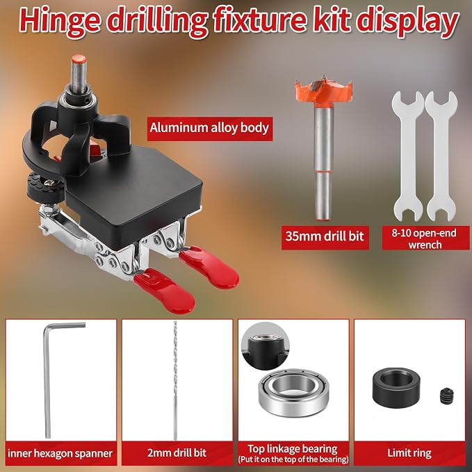 35mm Concealed Hinge Jig, Aluminum Alloy Cabinet Hinge Jig with 2 Quick Clamp, Adjustable Quick Punch Cabinet Hardware for Woodworking Cabinet Door Hinges Mounting Tool