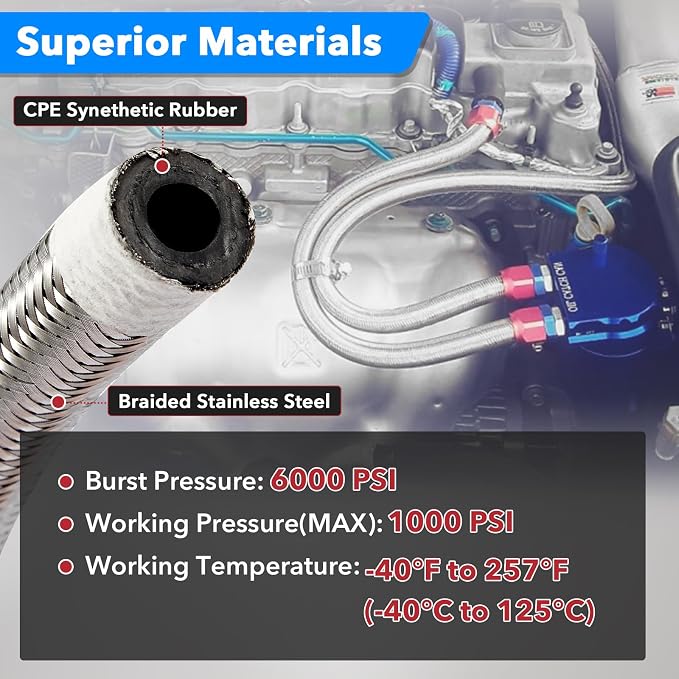 CarBole Stainless Steel Braided Fuel Line, 5/16" I.D. Diesel Hose Swap EFI PTFE with Fittings for Automotive Fuels Lubricants Coolants (3 FT)