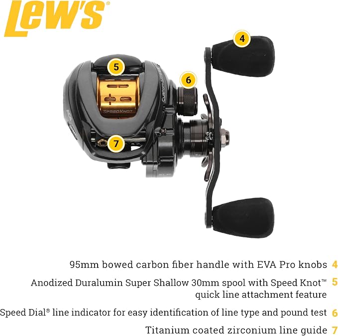 Lew’s Custom Lite SS Baitcast Fishing Reel, 10+1 Double Shielded Bearings, 7.5:1 Gear Ratio, Super Shallow 30 mm Spool, Tanso Tech Frame, Carbon Fiber Drag, Carbon Gray