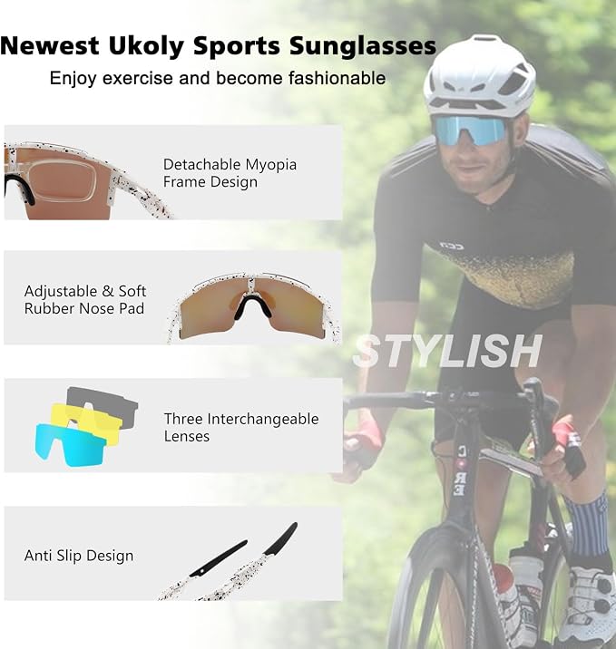 Ukoly Cycling Sunglasses for Men Women with 3 Interchangeable Lenses, Polarized Sports Sunglasses, Baseball Sunglasses