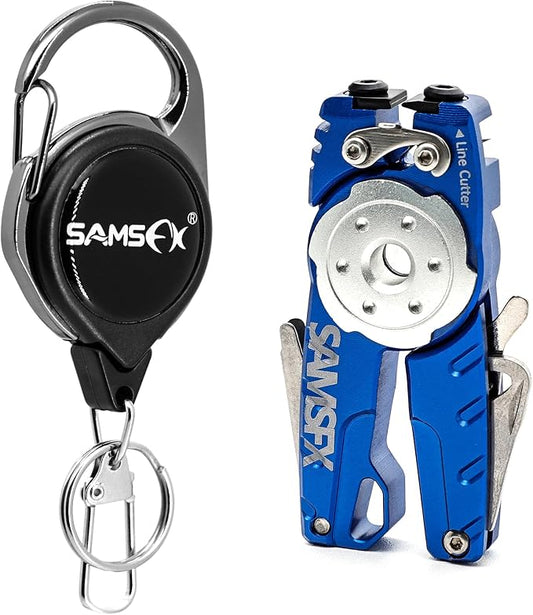 SAMSFX Fishing Tungsten Line Cutter with Zinger Retractors, Fishing Pliers Cutters, Knot Tying Tool, Hook Eye Cleaner, Hook Sharpener