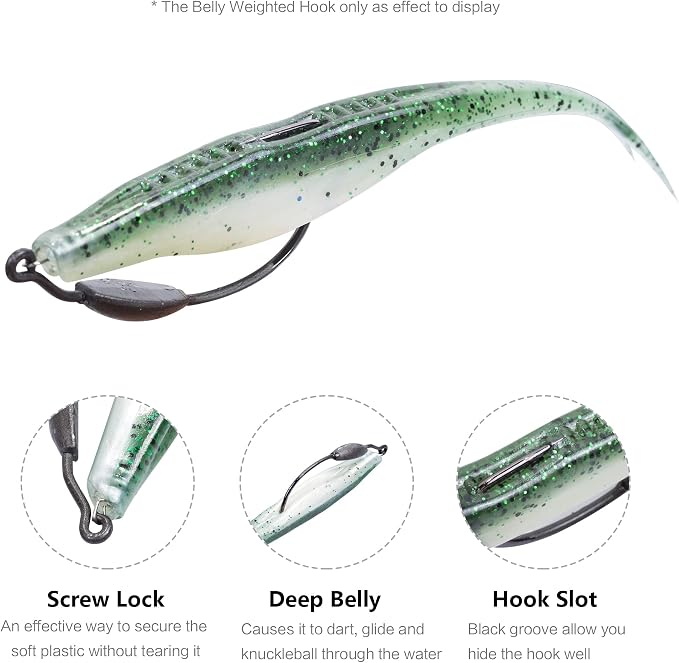 Fishing Bait Soft Plastic Lures 30/50 Pcs, Weighted Hooks 10 Pack & 40-Piece Set, 4in/5in Salty Split Tail Jerk Shad, 3/0 4/0 5/0 Weedless Swimbait Hook for Bass Fishing