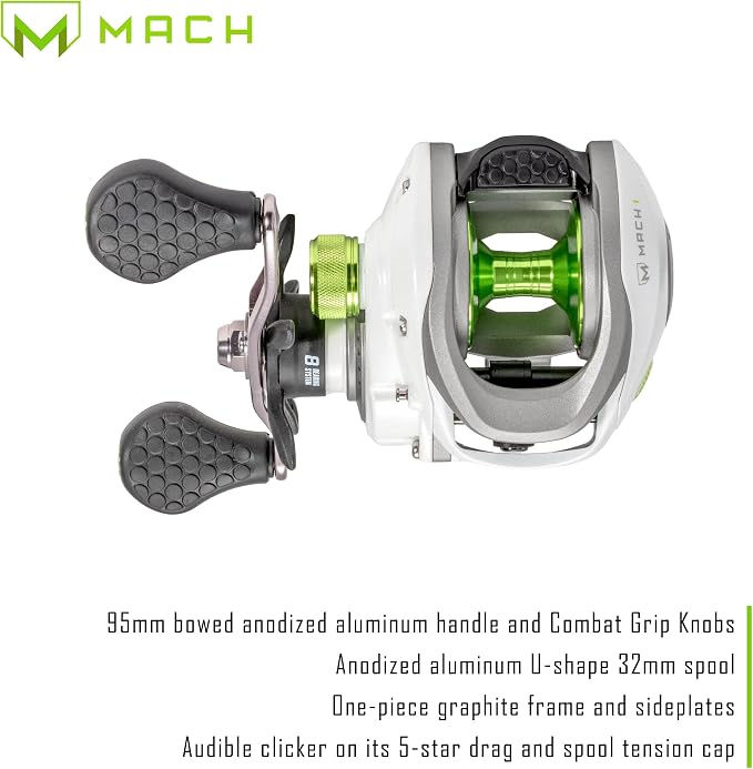 Lew’s MACH 1 Baitcast Fishing Reel, 7+1 Bearings, 7.5:1 Gear Ratio, Graphite Frame and Sideplate, Multi-Setting Brake, Speed Gears, White/Gray/Green
