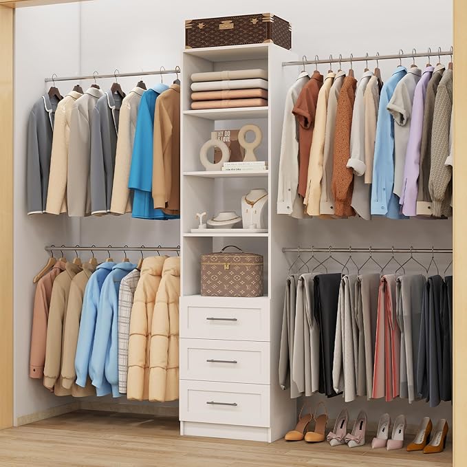 Closet System, 5FT-9FT Closet Organizer System 114.9" Walk in Closet Storage System with 3 Wooden Drawers 4 Expandable Hanging Rods, Wall Mount White