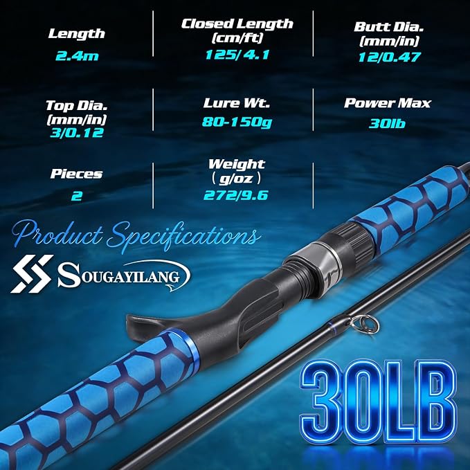 Sougayilang Spinning & Casting Fishing Rods, 2-Piece Strong Carbon&Glass Composite Trolling Rod Offshore Surf Pole for Bass, Trout, Panfish, Catfish