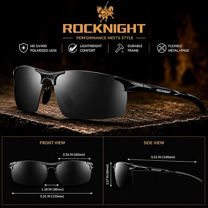 ROCKNIGHT Polarized Rectangular Sunglasses for Men Driving UV400 Protection Lightweight Al‑Mg Frame