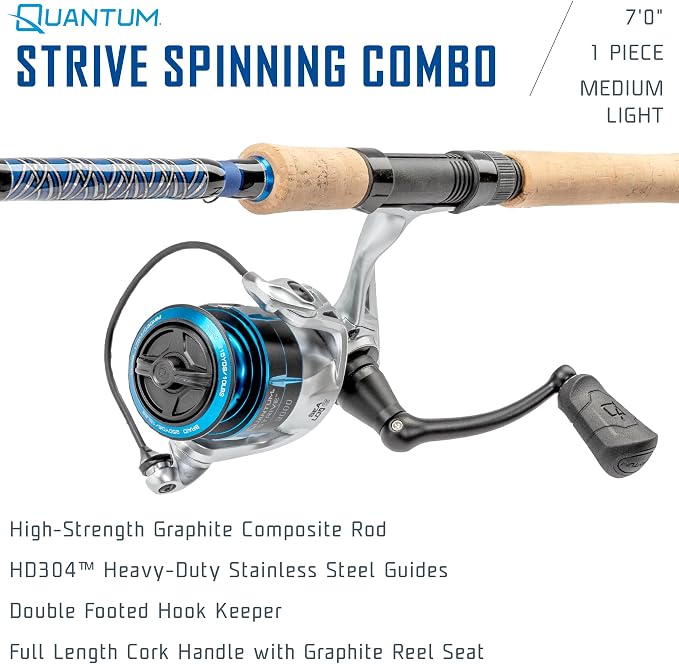 Quantum Strive Spinning Reel and Fishing Rod Combo, Graphite Composite Blank, 4+1 Bearings, Silver/Blue