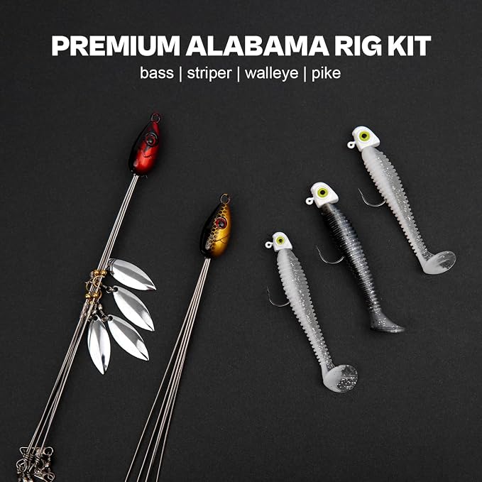 Alabama Rig (A-Rig) Fishing Lures Kit – 2 Rigs, 10 Jig Heads & Swimbaits, Tackle Box for Striper/Bass Fishing