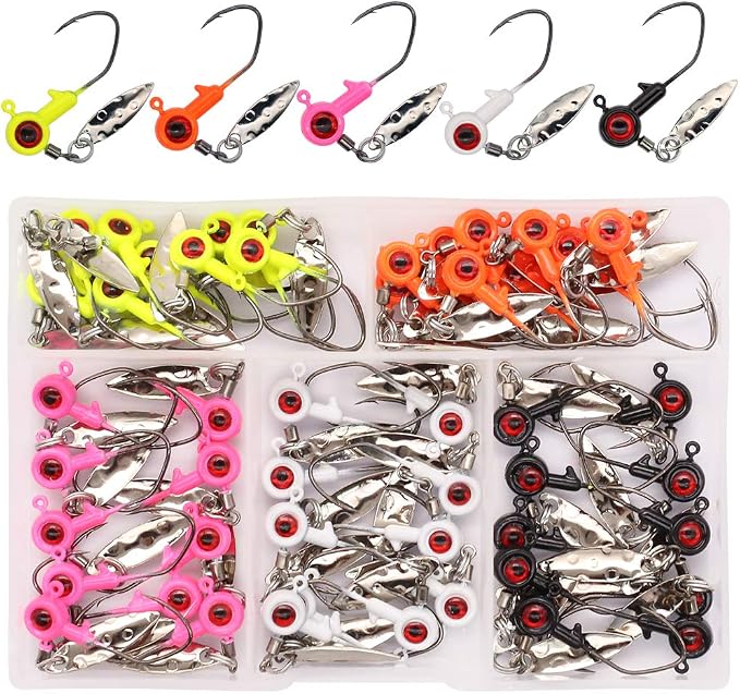 XFISHMAN Crappie-Jigs-Heads-Kit 1/8 1/16 1/32oz 50 Pack Panfish Fishing Jigs Lead Head Jig Hook Lure