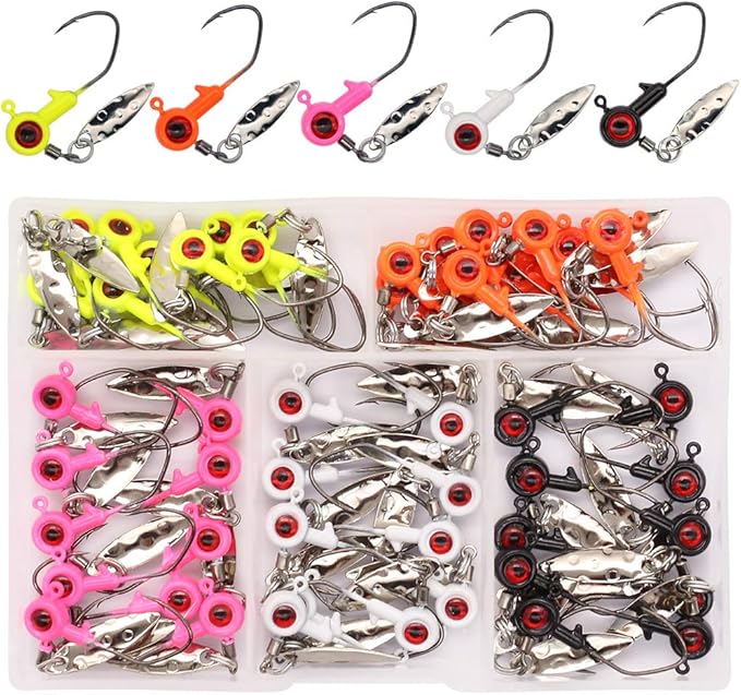 XFISHMAN Crappie-Jigs-Heads-Kit 1/8 1/16 1/32oz 50 Pack Panfish Fishing Jigs Lead Head Jig Hook Lure