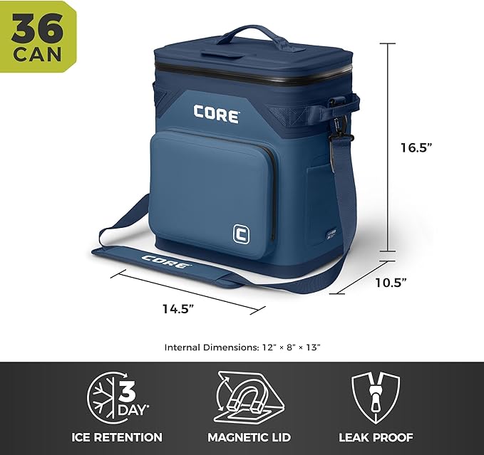 CORE Magnetic Leak Proof Soft Cooler with Waterproof Zipper | Insulated Bag Portable Ice Chest Box | Best Soft Cooler for Food & Beverages for Tailgating, Car Camping, Travel, and Family Beach Picnics
