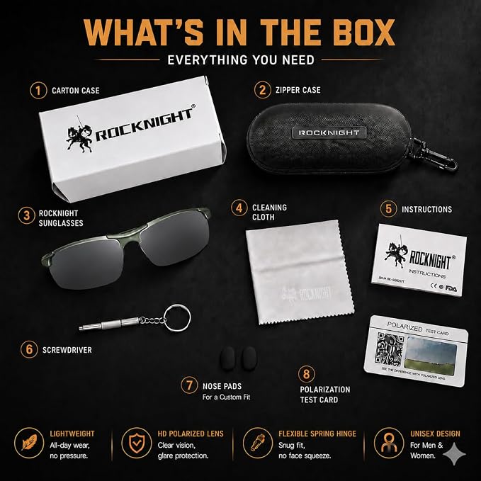 ROCKNIGHT Polarized Rectangular Sunglasses for Men Driving UV400 Protection Lightweight Al‑Mg Frame