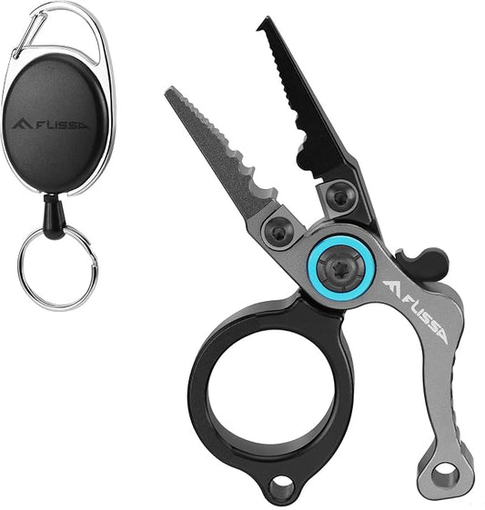 FLISSA Mini Fishing Pliers with Fly Fishing Zinger Retractor, Fish Hook Remover Tool, Split Ring Pliers for Saltwater & Freshwater, Tungsten Carbide Cutters, Fishing Gear Gift for Anglers