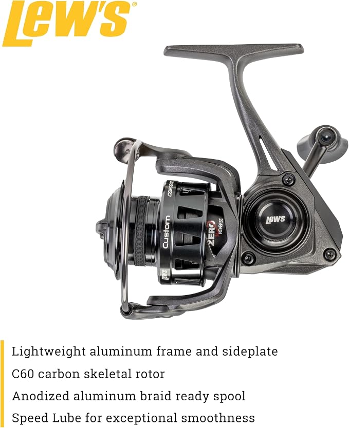Lew's Custom Spinning Fishing Reel, 9+1 Bearings, Aluminum Frame and Sideplate, Screw-in Aluminum Handle, Speed Gears, Speed Lube, Black/Silver