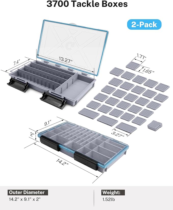 Gonex Fishing Tackle Boxes, 2-Pack Waterproof 3700 Tackle Trays with Adjustable Dividers, Portable Clear Plastic Tackle Organizers with DIY Dividers for Lures, Hooks, Bass Gear, Gray