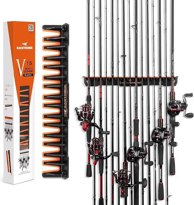 KastKing V15 Vertical Fishing Rod Holder – Wall Mounted Fishing Rod Rack, Store 15 Rods or Fishing Rod Combos in 17.25 Inches, Great Fishing Pole Holder and Rack