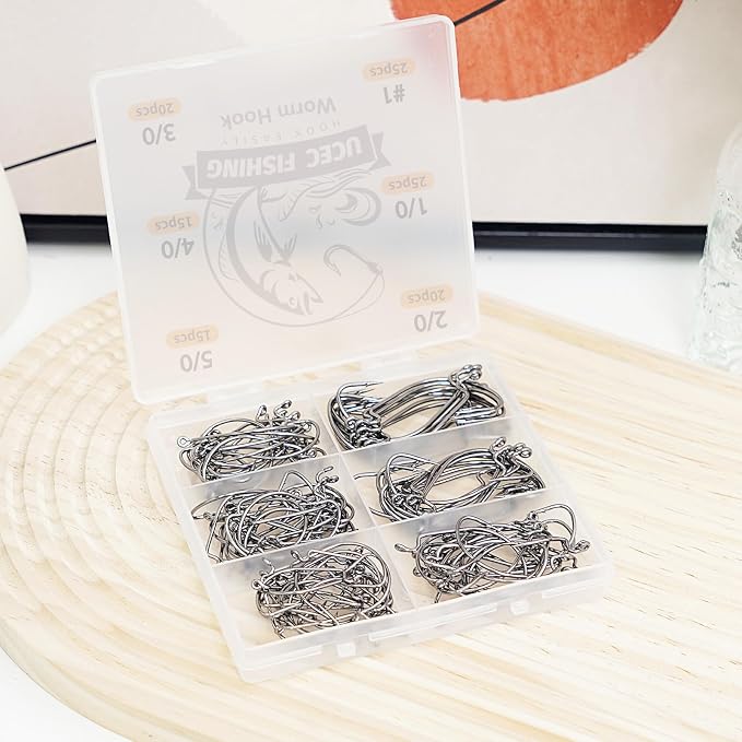 UCEC Fishing Hooks, 140PCS/ 100PCS/ 60PCS EWG Offset Worm Hooks Bass Hooks Wide Gap 2X Strong Senko Bait Texas Rig Jig Fish Hooks for Bass Trout Saltwater Freshwater Size:#4#2#1 1/0 2/0 3/0 4/0 5/0