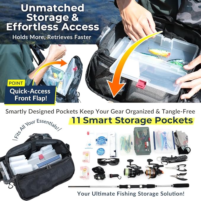 PYKES PEAK Fishing Bag | Waterproof Tackle Bag with Large Capacity | Includes 6 Carabiners | Versatile Fishing Shoulder Bag | Camouflage Grey | L Size - Designed in Japan