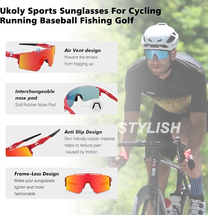 Ukoly Cycling Sunglasses for Men Women with 3 Interchangeable Lenses, Polarized Sports Sunglasses, Baseball Sunglasses