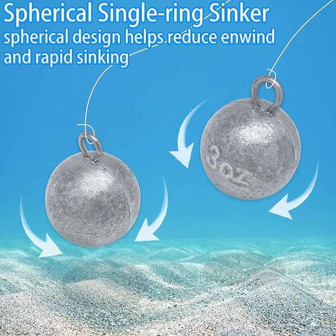 5 Pcs Fishing Round Sinker Cannonball Lead Weights Assortment Egg Drop Bass Weights Saltwater Freshwater Casting 1-5oz