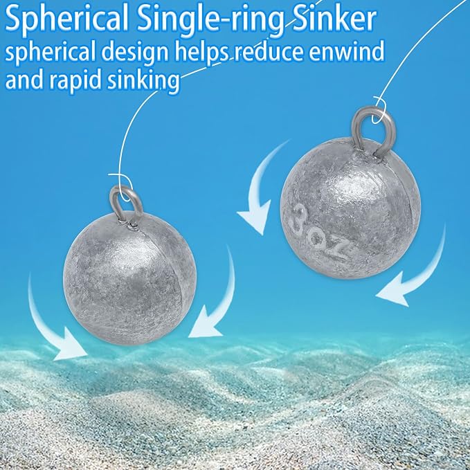 5 Pcs Fishing Round Sinker Cannonball Lead Weights Assortment Egg Drop Bass Weights Saltwater Freshwater Casting 1-5oz