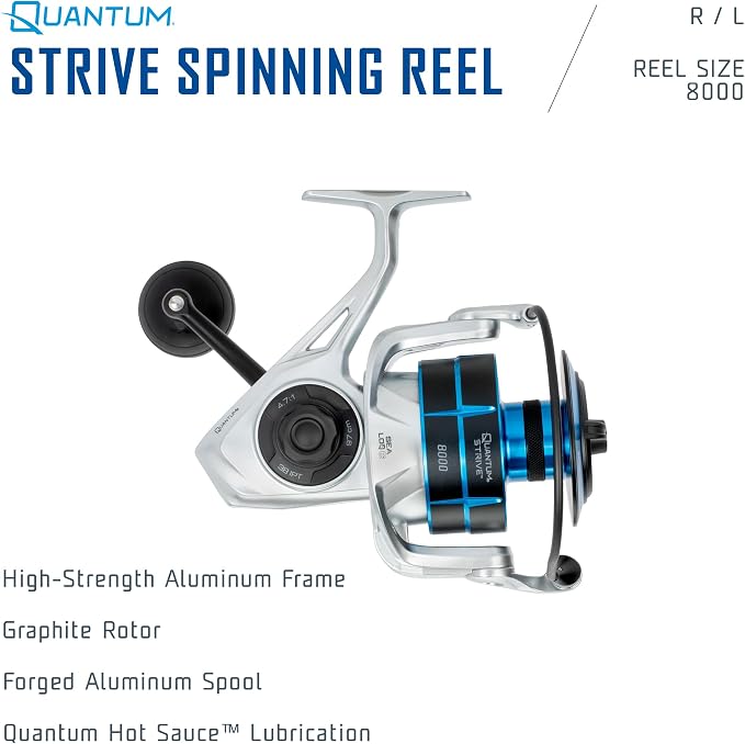 Quantum Strive Spinning Fishing Reel, Rigid Aluminum Frame, Graphite Rotor, Sealed Design, CFX200 Carbon Fiber Xtreme Drag, Silver/Blue