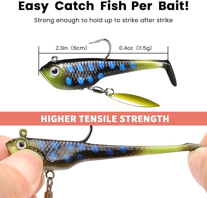 TRUSCEND Shadtale Easy Catch Soft Fishing Lures with BKK Hooks - Trembly Sinking and Vibrating Swim for More Bites, Pre-Rigged Swimbaits for Bass, Trout, Crappie, Walleye, Freshwater Saltwater Fishing