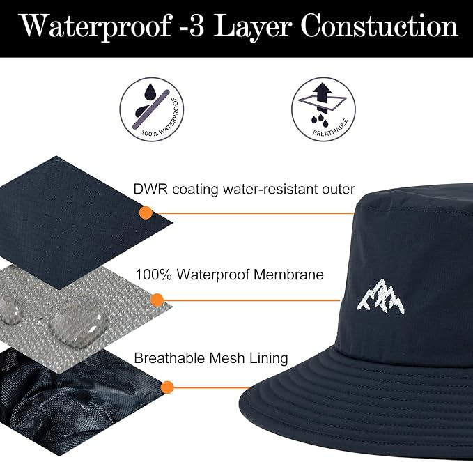 TOP-EX L/XL/XXL UV50+ Waterproof Bucket Sun Hat for Fishing Golf Hiking All-Weather Outdoor Rain Hat Stiff Brim