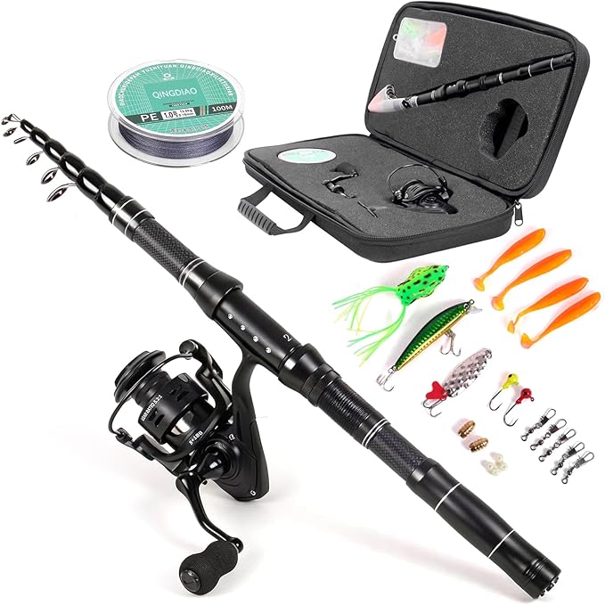 Telescopic Fishing Rod and Reel Combo, 5.9FT, 6.8FT, 7.5FT Carbon Fiber Travel Fishing Pole Full Kit with Carrier Bag & Lures, Solid Tip Portable Gear for Adults Beginners