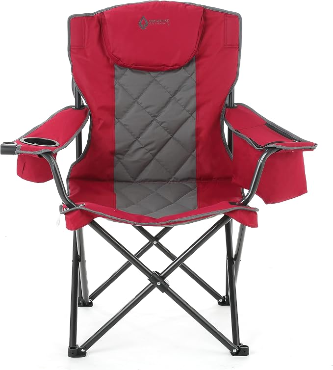 ARROWHEAD OUTDOOR Portable Deluxe Folding Camp Quad Chair w/Headrest, Glass & Cup Holders, Armest 6-can Cooler, Heavy Duty Carry Bag, 550 lbs Weight Capacity