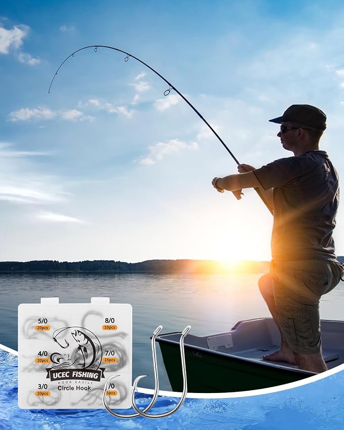 UCEC Circle Hooks Fishing Hooks 2X Strong Offset Circle Hooks Saltwater Black High Carbon Steel Octopus Catfish Fishing Hooks Fishing Gear Tackle 150pcs/ 240pcs - Size:#1 1/0 2/0 3/0 4/0 5/0 6/0 8/0
