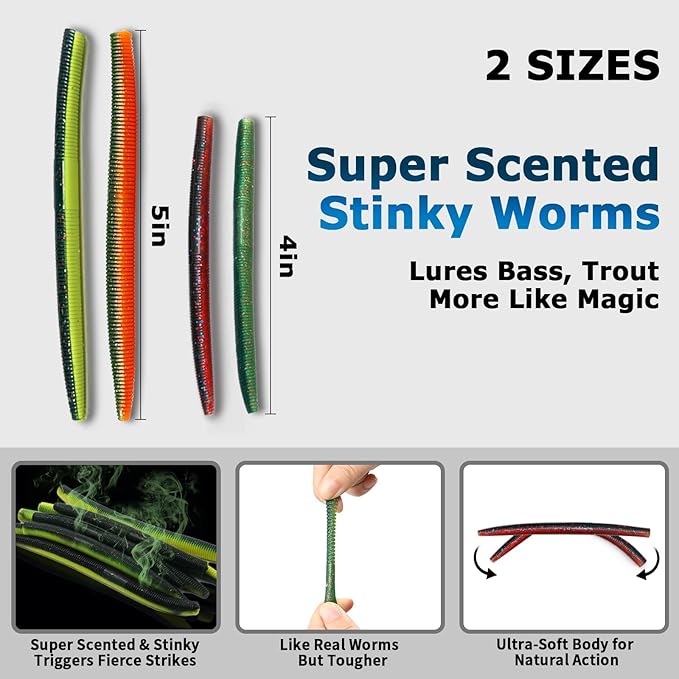 Wacky Rig Kit for Bass Fishing 143/171PCS Soft Plastic Wacky Worms (4in & 5in) Weedless Wacky Rig Hooks & Tool O-Rings, Bass Trout