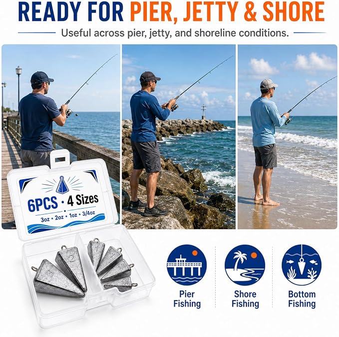 SANWEAL Pyramid Sinkers Fishing Weights, 6/14Pcs 4/6 Sizes 1oz-6oz Lead Fishing Sinkers for Surf Fishing, Anti-Roll Triangle Sinkers for Saltwater Freshwater Bottom Fishing, Catfish Pompano Rigs
