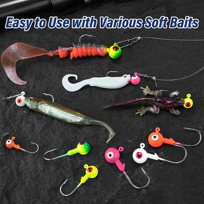 Alwonder 10-Pack Round Fishing Jig Heads, Bass Ball Jigs Hooks 3D Eyes High Carbon Steel 1/8-1/2OZ Pompano Jig Head Saltwater Freshwater Jigs Heads for Fishing Pompano Bass Trout Walleye Striper