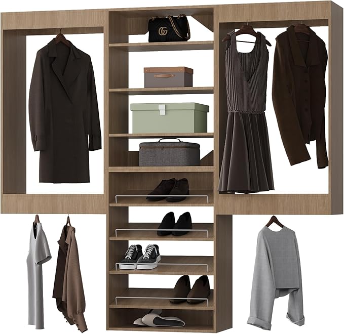 ROOMTEC Modular Closet System, 84" Wall Mounted Closet Organizer with Hanging Rods and Shoe Shelf, Wooden Tower for Walk-In Closets, Wardrobe Storage Kit, Wood