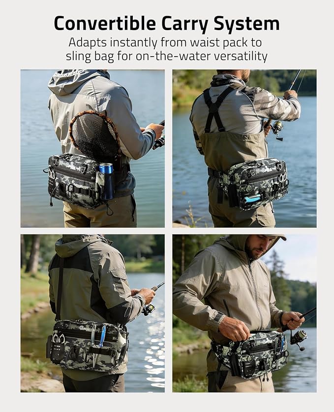 CVLIFE Fishing Tackle Bag Waist Pack with Rod Holder, Water Resistant Fanny Pack Includes 3600 Tackle Box, Waterproof Pouch & Carabiners, Convertible Sling Bag with Net Holster for Gear