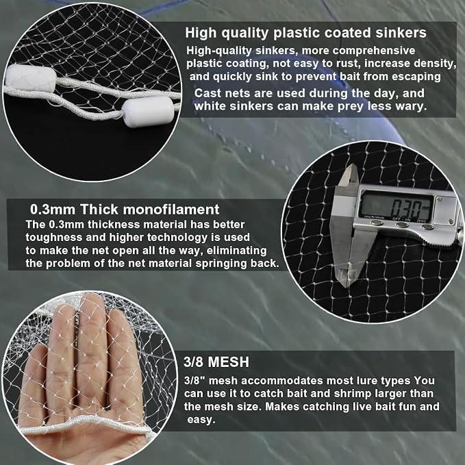 Drasry Saltwater Fishing Cast Net 3/8 and 1/4 Mesh with Heavy Duty Gray Sinker American Monofilament Fish Throw Net for Bait Trap 3FT 4FT 5FT 6FT 7FT 8FT 9FT Radius
