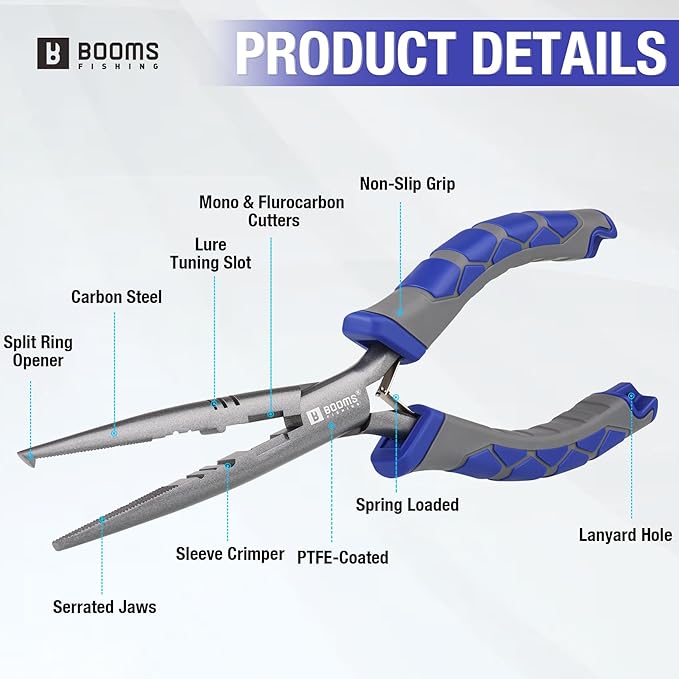 Booms Fishing Needle Nose Pliers: 9" Long Nose Hook Remover and Split Ring Fish Pliers with Lanyard and Sheath - XW10 Multi-Function Saltwater Fishing Gear, Blue & Gray